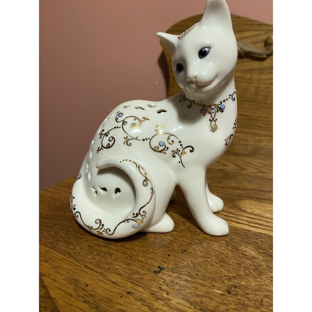 LENOX Jewels Of Light Cat Vtg Figurine 4.5” Curled Tail Blue Eyes Porcelain